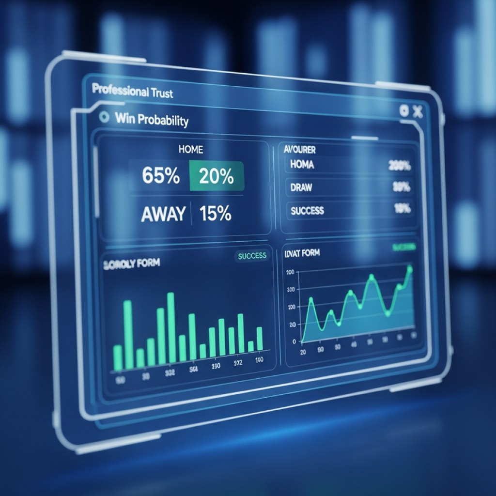 A futuristic dashboard interface showing AI-powered football match predictions with data charts and win probabilities.